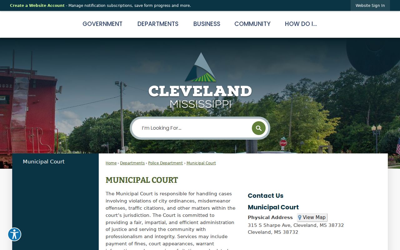 Cleveland Municipal Court page listing court days and the warrant information service for Bolivar County city warrants