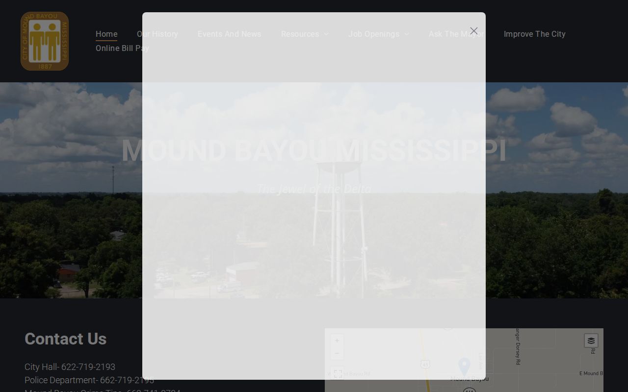 Mound Bayou official city homepage showing civic contact blocks used when checking Mound Bayou warrant records