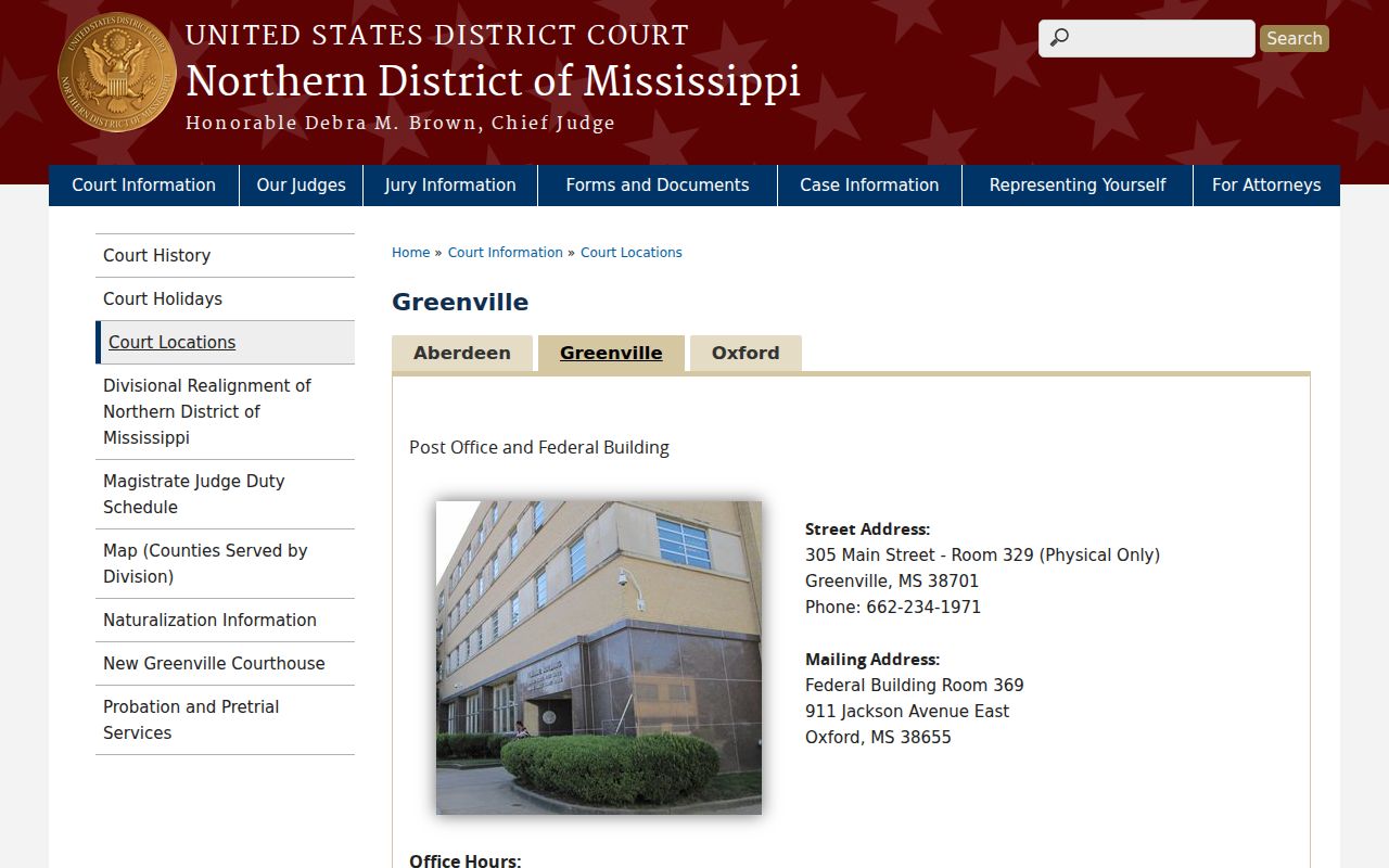 Greenville federal courthouse location page, the nearest federal clerk route for a Bolivar County federal warrant question