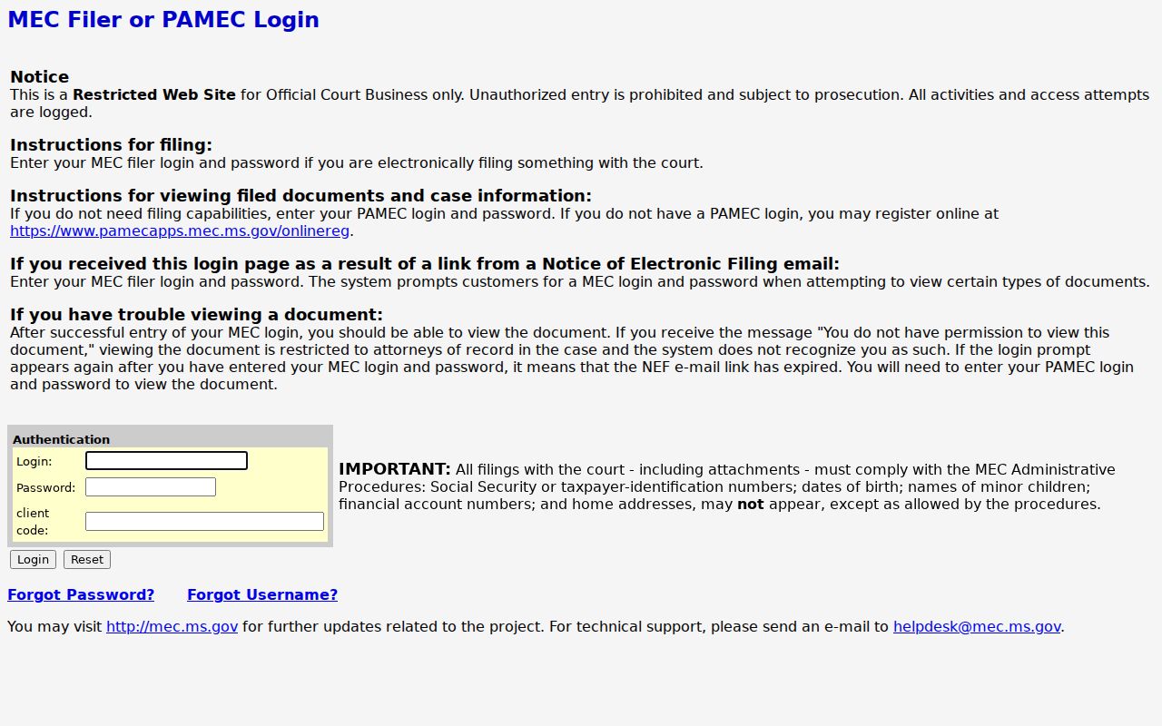 Mississippi Electronic Courts login warning showing that Bolivar County court records access is limited to official court business