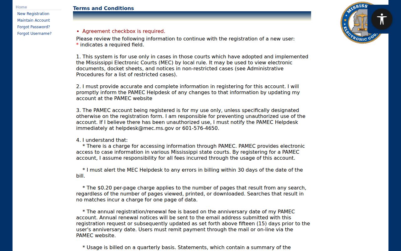 PAMEC terms page listing the page fee and restricted case limits that affect Bolivar County warrant record access