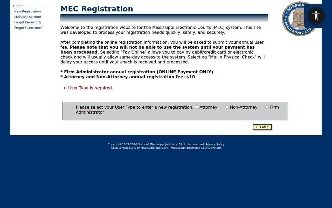 PAMEC registration screen used to reach Mississippi court records tied to Bolivar County warrant cases