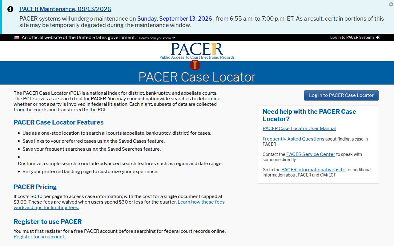 PACER Case Locator search controls, a federal docket tool that is not a Bolivar County outstanding warrant list