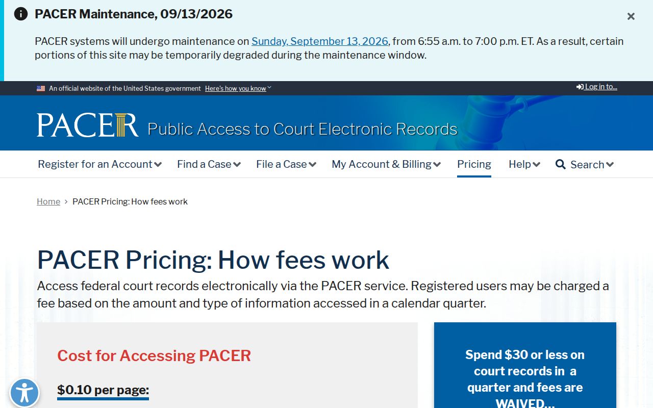 PACER fee page explaining per-page federal docket charges for a Bolivar County federal warrant record search