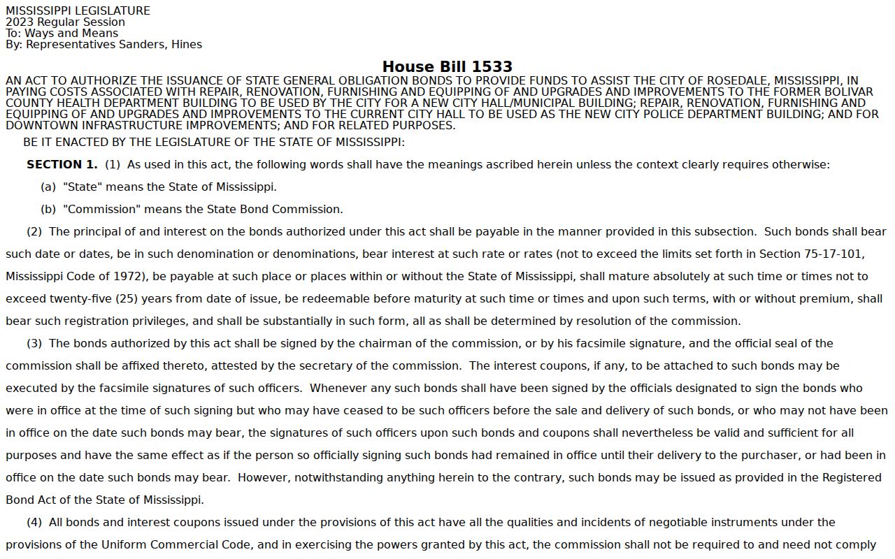 Mississippi legislation describing Rosedale municipal and police building use, relevant to Rosedale warrant office visits