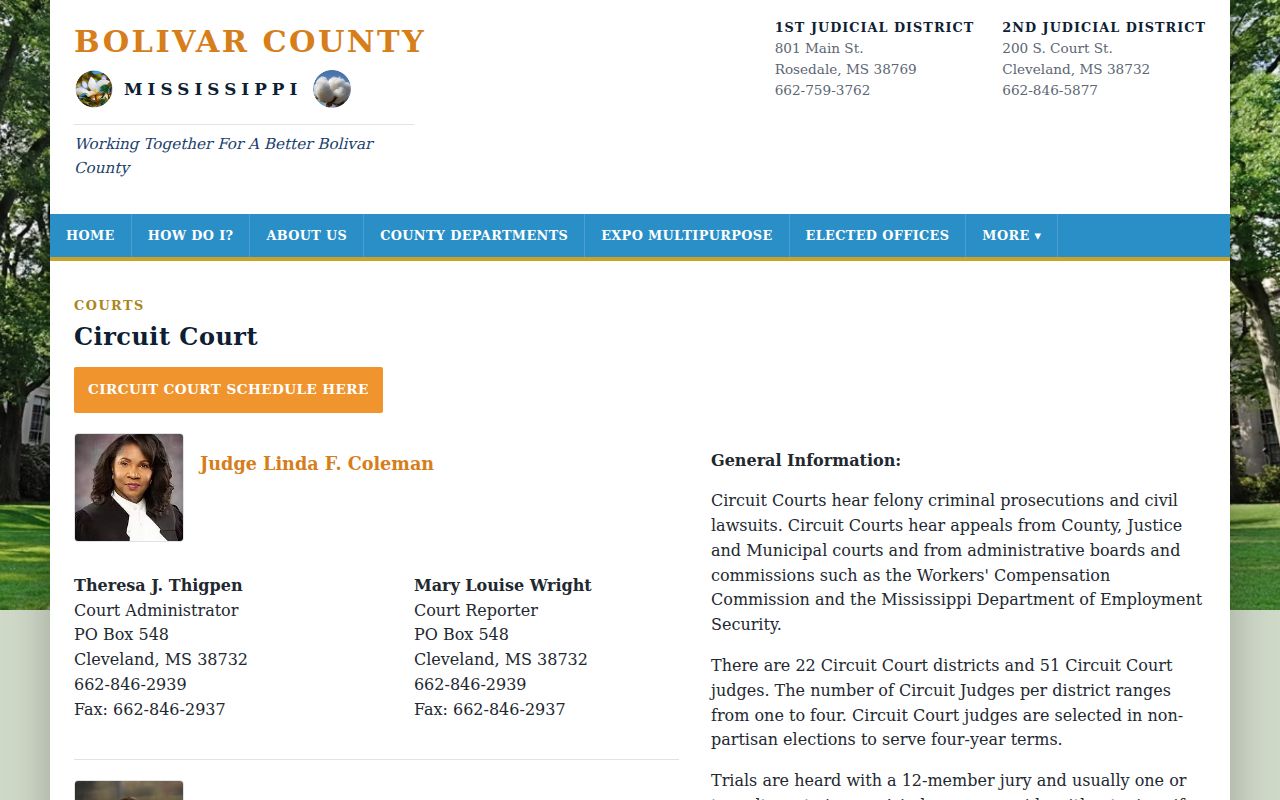 Bolivar County Circuit Court page listing judges and administrators who handle felony arrest warrant cases