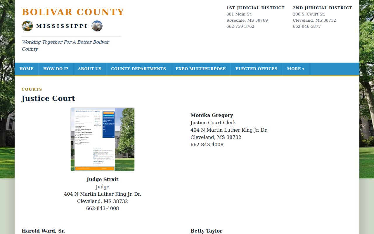 Bolivar County Justice Court page listing the Cleveland office and judges who handle bench warrant matters