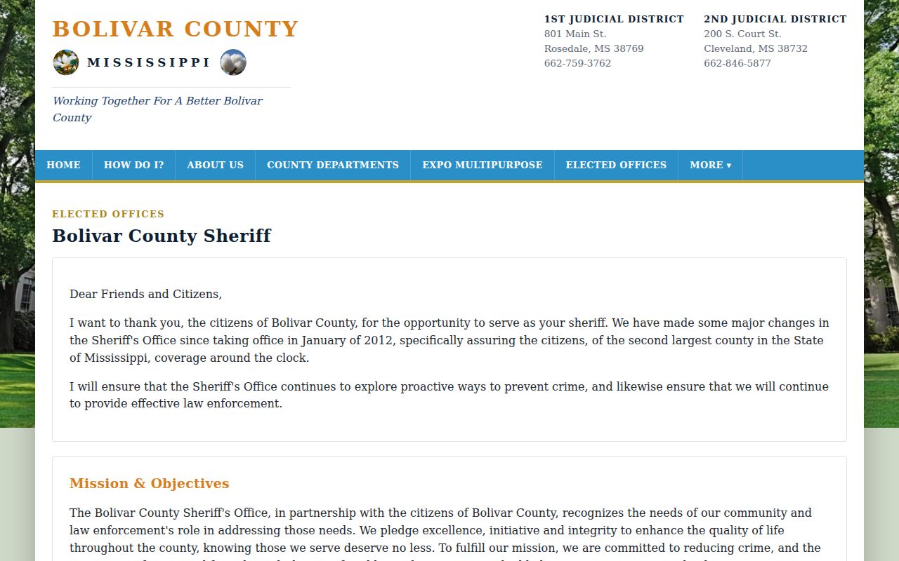 Bolivar County Sheriff official page listing headquarters and contact details for warrant service questions